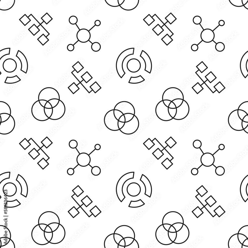 Poster seamless pattern of map, pie chart, intersected circles is made of line icons