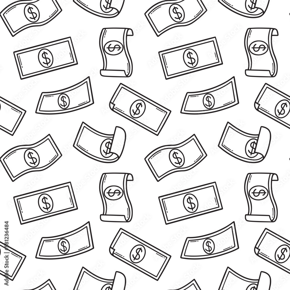 Wall mural seamless pattern of raining money doodle. falling dollar banknotes in sketch style. vector illustrat