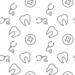 Seamless pattern of stethoscope, tooth, medical cross is made of line icons