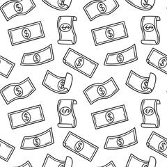 Seamless pattern of raining money doodle. Falling Dollar Banknotes in sketch style. Vector illustration