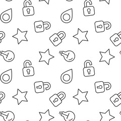 Monochrome vector seamless pattern of lock, light bulb, geolocation sign, star for web sites and polygraphy
