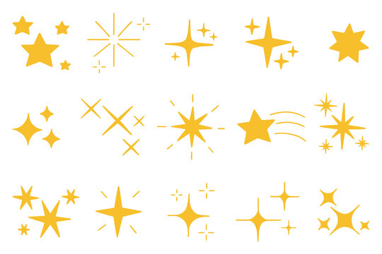 Sparkles and Twinkling stars set. Glitter burst, shining star, falling star, firework, magic sparkle icons. Hand drawn vector illustration isolated on white background.