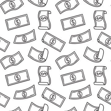Seamless pattern of raining money doodle. Falling Dollar Banknotes in sketch style. Vector illustration