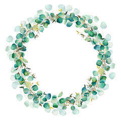 Wreath of watercolor green leaves and eucalyptus branch. Hand drawn illustration isolated on white background. Botanical illustration.