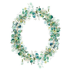 Wreath of watercolor green leaves and eucalyptus branch. Hand drawn illustration isolated on white background. Botanical illustration.