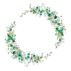 Wreath of watercolor green leaves and eucalyptus branch. Hand drawn illustration isolated on white background. Botanical illustration.