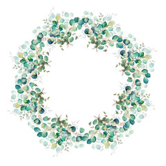 Wreath of watercolor green leaves and eucalyptus branch. Hand drawn illustration isolated on white background. Botanical illustration.