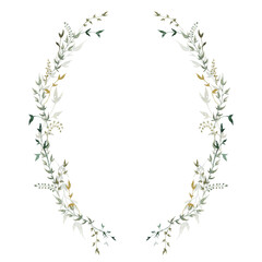 Wreath of watercolor green leaves and eucalyptus branch. Hand drawn illustration isolated on white background. Botanical illustration.