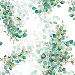 Seamless Pattern of watercolor green leaves and eucalyptus branch. Hand drawn illustration isolated on white background. Botanical illustration.