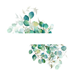 Frame of watercolor green leaves and eucalyptus branch. Hand drawn illustration isolated on white background. Botanical illustration.
