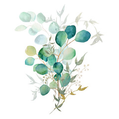 Bouquet of watercolor green leaves and eucalyptus branch. Hand drawn illustration isolated on white background. Botanical illustration.
