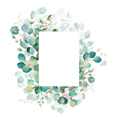 Frame of watercolor green leaves and eucalyptus branch. Hand drawn illustration isolated on white background. Botanical illustration.