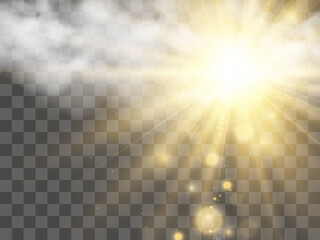 Vector illustration of the sun shining through the clouds. Sunlight. Cloudy vector.