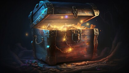 Treasure Chest - Open Ancient Trunk With Glowing Magic Lights In The Dark, generative ai - obrazy, fototapety, plakaty