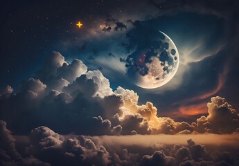 Romantic Moon In Starry Night Over Clouds, generative ai