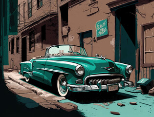 A classic 1950s convertible parked in a longforgotten alleyway the paint colour faded with age. Lifestyle concept. AI generation.