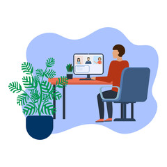 The girl works at the computer in the office. Vector illustration.