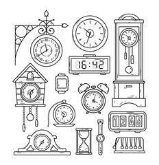 Clocks and hand watches in doodle style. Vector hand drawn icon set of mechanical and electronic clocks, antique pendulum watch, hourglass, alarm, kitchen timer, wrist watch and digital smart clock.