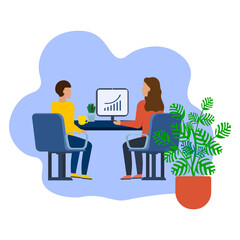 The team is working, planning in the office. Vector illustration.