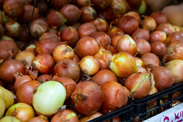 Red and white onion in the supermarket. High quality photo