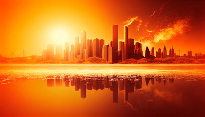 Obraz na płótnie Canvas Heatwave over a city, bright sun, global warming, urban heat island. Generative AI