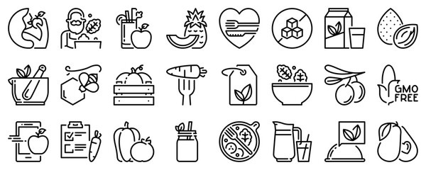 Line icons about healthy food on transparent background with editable stroke.