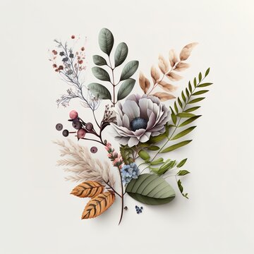 Eine Illustration von einem B&uuml;ndel mit Blumen und Bl&auml;ttern. AI Generated