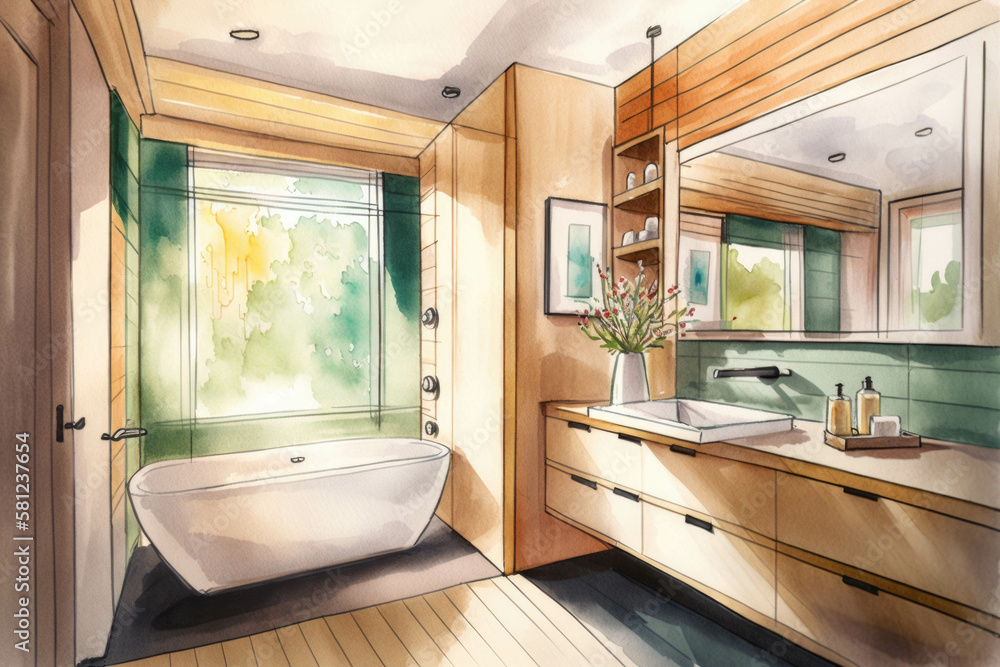 Wall mural a bathroom with a combination of stainless steel and light natural woods a focus on clean lines and 