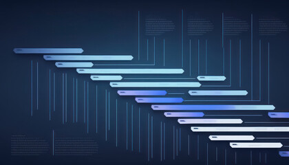 Dark blue-themed project management template with Gantt chart planning schedule with tasks and milestones for business presentations - Generative AI