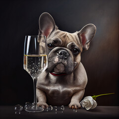 French bulldog with a glass of champagne. Generative Ai