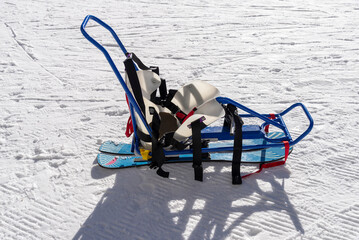 Sit ski. Winter Sport for disability people, Active Therapy for wheelchair man. Wheelchair winter holiday, active therapy and adaptive sports, extreme slalom.