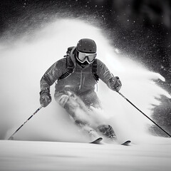 Skier skiing downhill in high mountains. Generative Ai