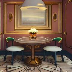 A cozy room with a round table and four chairs A vase of flowers sits in the middle of the table, and the walls are painted a warm, earthy color3, Generative AI