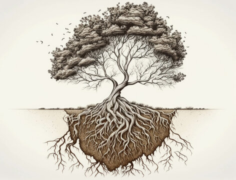 A handdrawn tree whose roots are getting deeper and stronger illustrating a journey of personal growth. Lifestyle concept. AI generation.