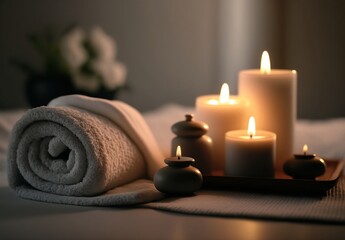 Obraz na płótnie Canvas Spa Massage Treatment With Towels And Candles On Mat, generative ai