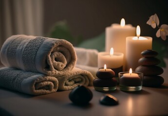 Obraz na płótnie Canvas Spa Massage Treatment With Towels And Candles On Mat, generative ai
