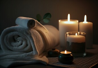 Fototapeta na wymiar Spa Massage Treatment With Towels And Candles On Mat, generative ai