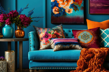 Lush textiles and bright colors take form in vibrant handcrafted artworks adding an exciting blend of bohemian Interior decoration. AI generation.