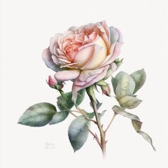 a Watercolour Rose Flower In Bloom, leaves, Italy, neutral colors, bridal, floral, high quality, roses, nature, spring, fall colors, Generative AI