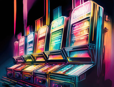 A cascading waterfall of blinking neon signs above a row of luxurious slot machines. Lifestyle concept. AI generation.