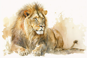 Generative AI, watercolor drawing of a male lion. Animal illustration