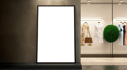 display window of fashion or clothing boutique shop with blank clean signboard mockup for offers or sale season - Generative AI