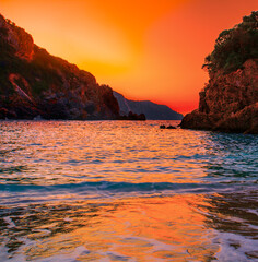 famous Paleokastritsa resort, sandy Agios Spiridon beach near ampelaki beach, Corfu (Kerkyra)...