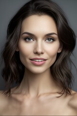 Naklejka premium Beautiful woman brunette beauty close-up portrait on gray background. Generative AI