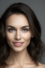 Fototapeta premium Beautiful woman brunette beauty close-up portrait on gray background. Generative AI