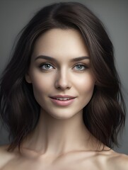 Obraz premium Beautiful woman brunette beauty close-up portrait on gray background. Generative AI