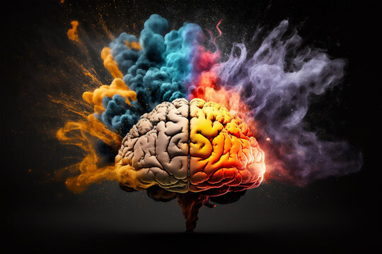 Human brains explodes with colors and fire. Brainstorm and mind health concept. Generative AI 