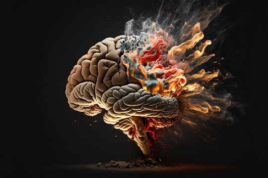 Human brains explodes with fire. Brainstorm and mental health concept. Free space for text. Generative AI 