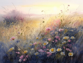 A serene field of wildflowers bathed in the morning light. AI generation.