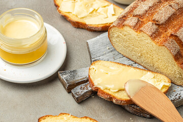 Bread, butter, cream, sweetened condensed milk. Food recipe background. Close up
